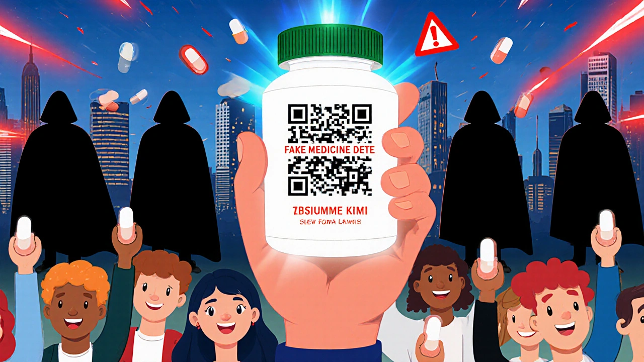 A person holds up a pill bottle with a holographic fake medicine warning, while counterfeiters flee in the background.