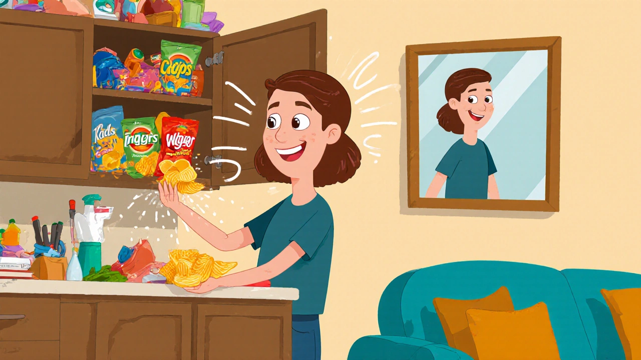 A person organizing their kitchen environment, removing unhealthy snacks from view with animated transformation.