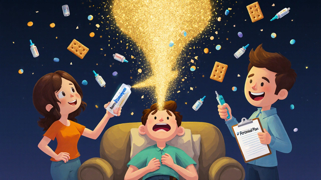 A person revived by nasal glucagon spray, surrounded by floating diabetes management tools.