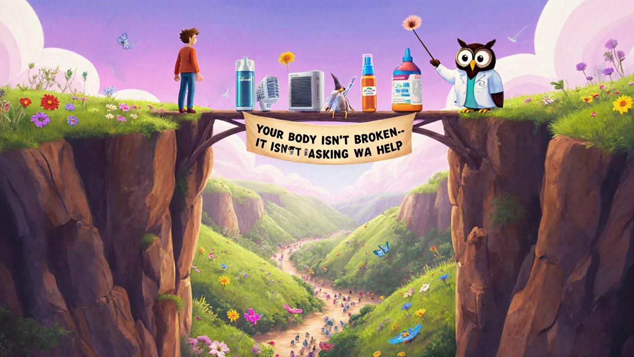 A person stands at a cliff of allergy symptoms, looking toward a bridge of treatments leading to a peaceful meadow, guided by a wise owl.