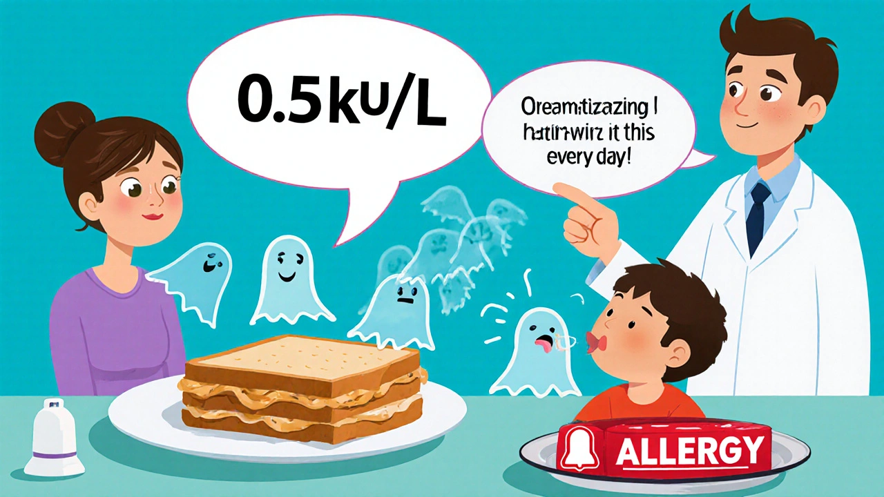 A person stares at a 0.5 kUA/L number over peanut butter while a doctor questions the allergy diagnosis.