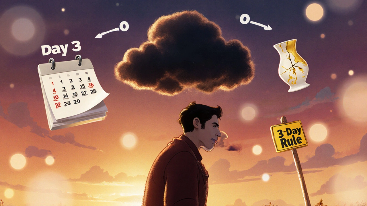 A person transforming from congested to free-breathing, with healing symbols and a calendar showing days.