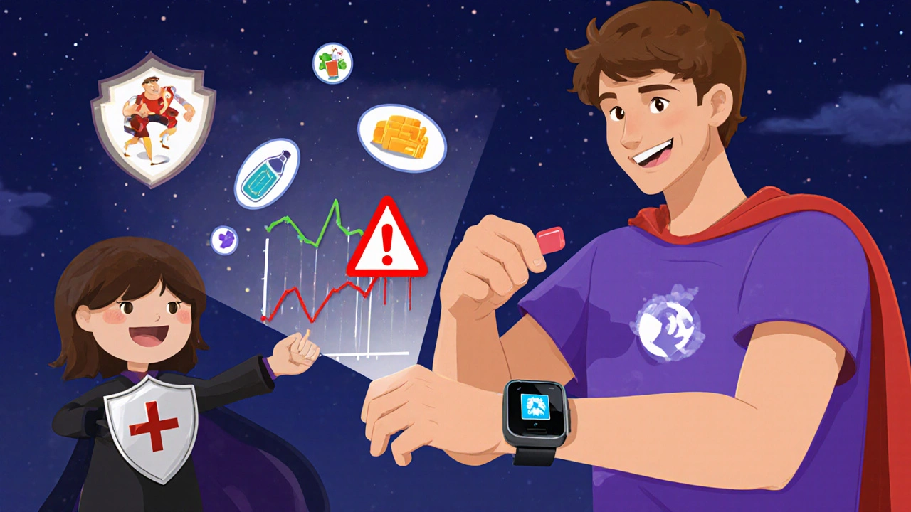 A person using a CGM with animated alerts, pushing away hypoglycemia triggers with a superhero shield.