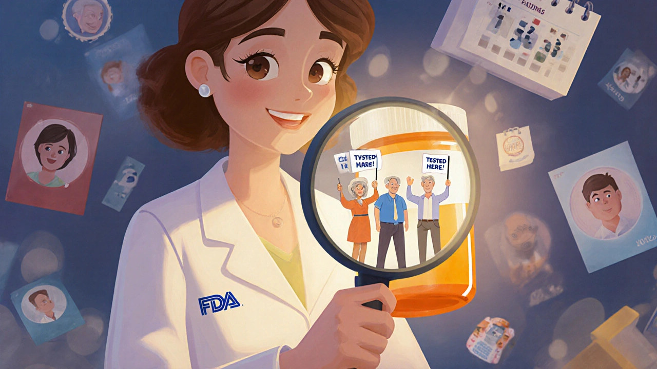 A pharmacist using a magnifying glass to reveal tested patient figures inside a prescription bottle.