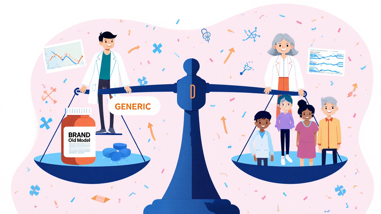 A scale balancing a brand drug vs generic, with diverse patients on one side and a single man on the other.
