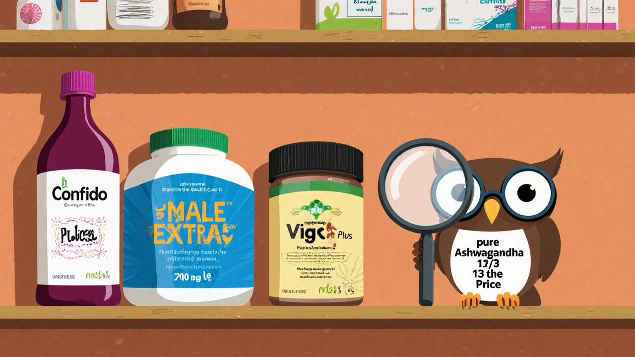 A whimsical shelf of male supplements with a wise owl comparing Confido to cheaper Ashwagandha.