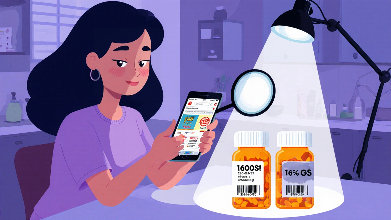 A woman compares real and fake pill bottles at home, with a fake online pharmacy shown on her phone.