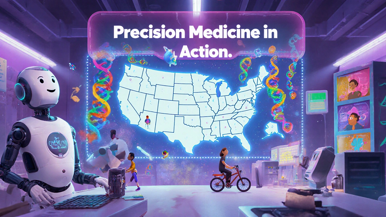 AI robots analyzing DNA strands and a holographic map showing clinical trials reaching rural communities.