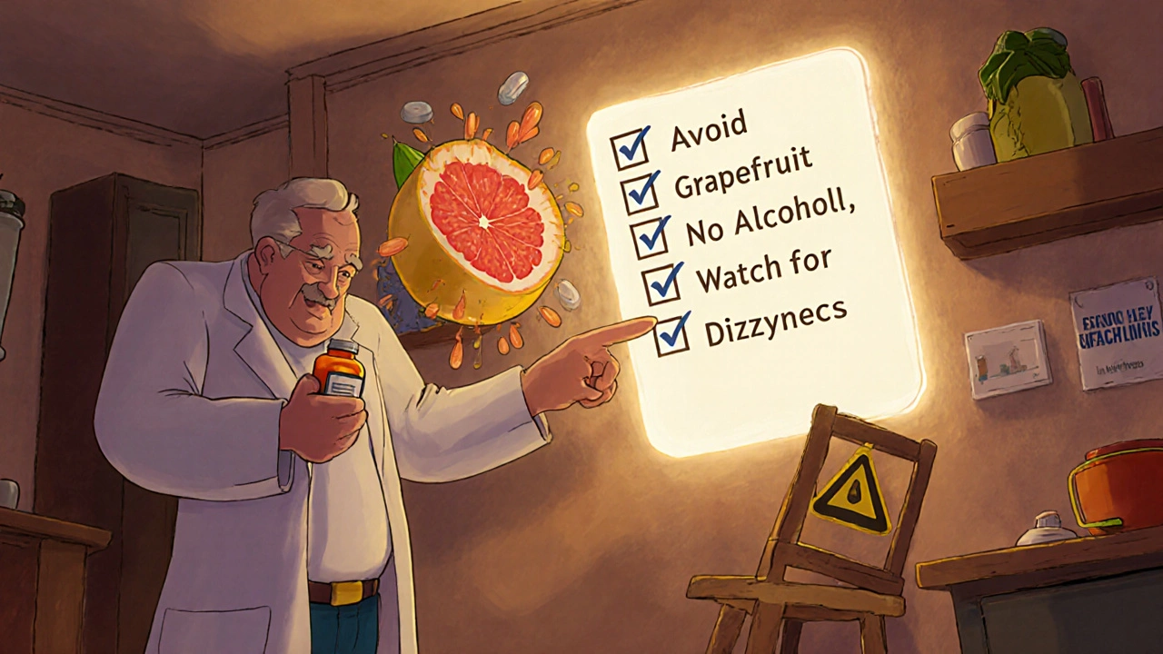 An elderly man reading a small pill label while a pharmacist points to a giant warning checklist.