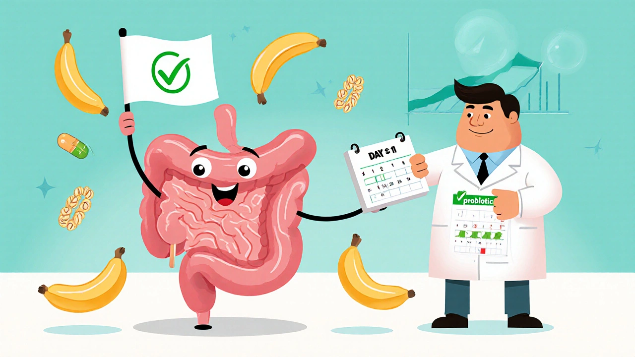 Cartoon intestine surrendering with probiotics and fiber foods nearby, doctor holding a calendar.