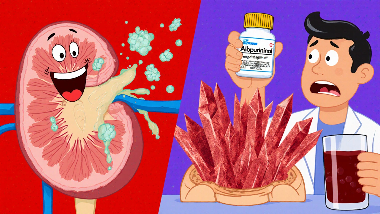 Cartoon kidney filtering uric acid crystals, with one side clogged and the other clean.