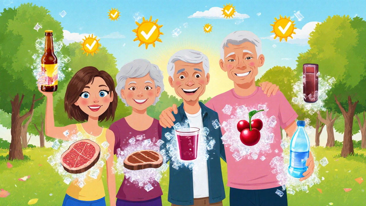 Diverse people holding food items with dissolving crystals above their joints in a sunny park.