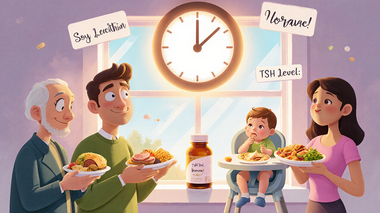 Diverse people with soy foods and a 3-hour clock separating them from their medication.