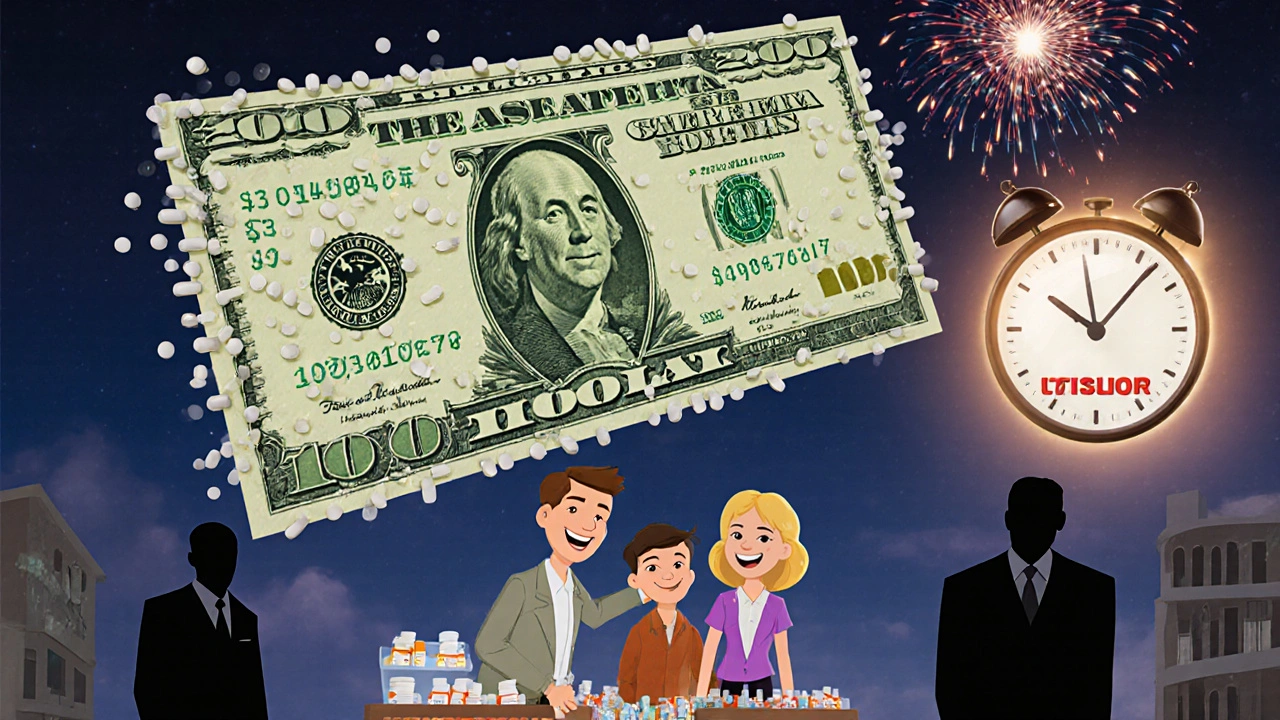 Family picking up generic meds under a bill made of pills with clock ticking