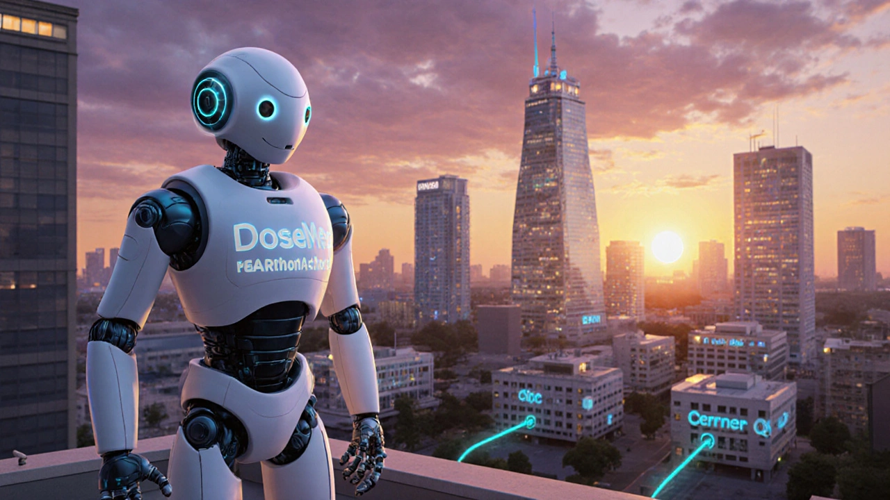 Friendly AI robot adjusts patient dosage using real-time data as disconnected health systems begin connecting with glowing cables.