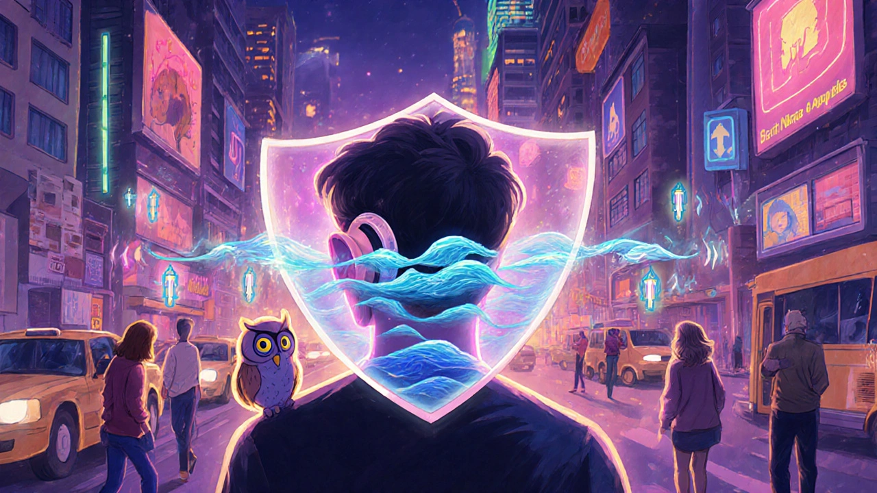 Hearing aid transforming into a sound-filtering shield in a city, with calming waves and Auracast signals glowing around it.