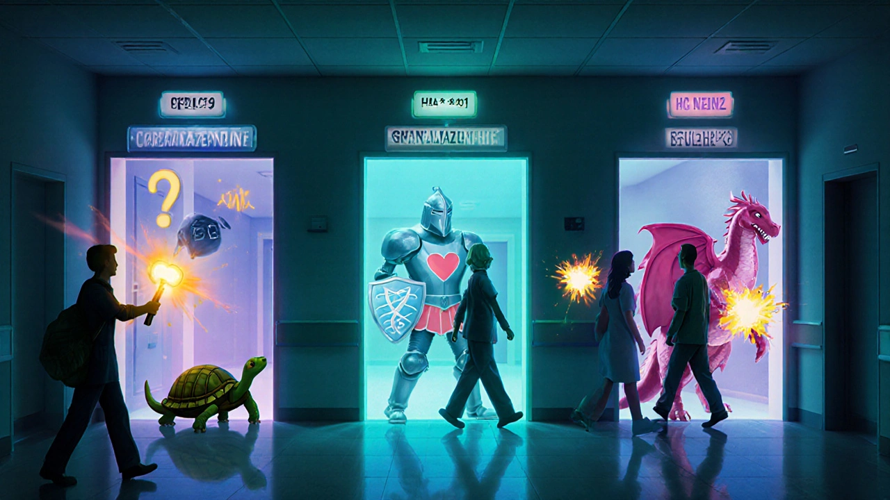 Hospital hallway with drug doors guarded by gene creatures, one patient holding a DNA key to test before entering, others causing side effect explosions.
