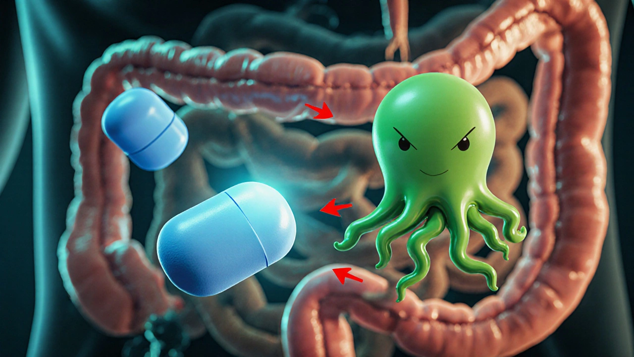 Microscopic view of soy molecules blocking thyroid medication absorption in the intestine.