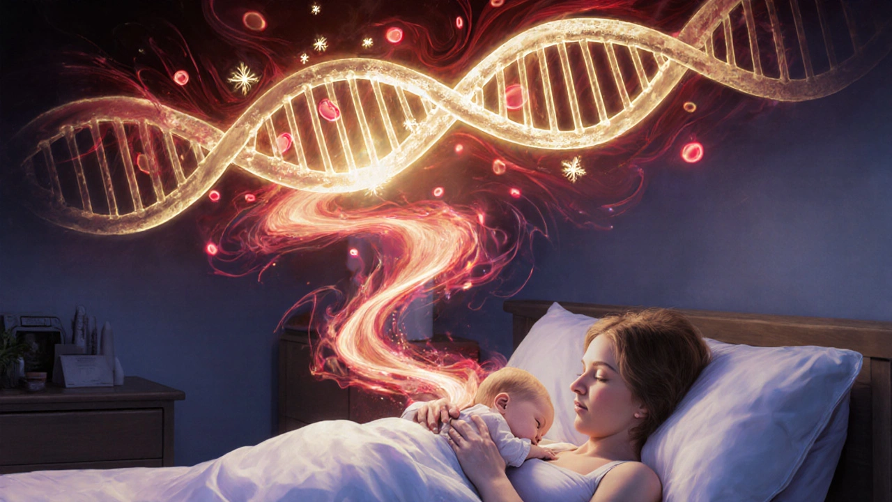 Mother breastfeeding child, with a glowing CYP2D6 gene above sending morphine waves into the baby’s body, symbolizing dangerous drug metabolism.