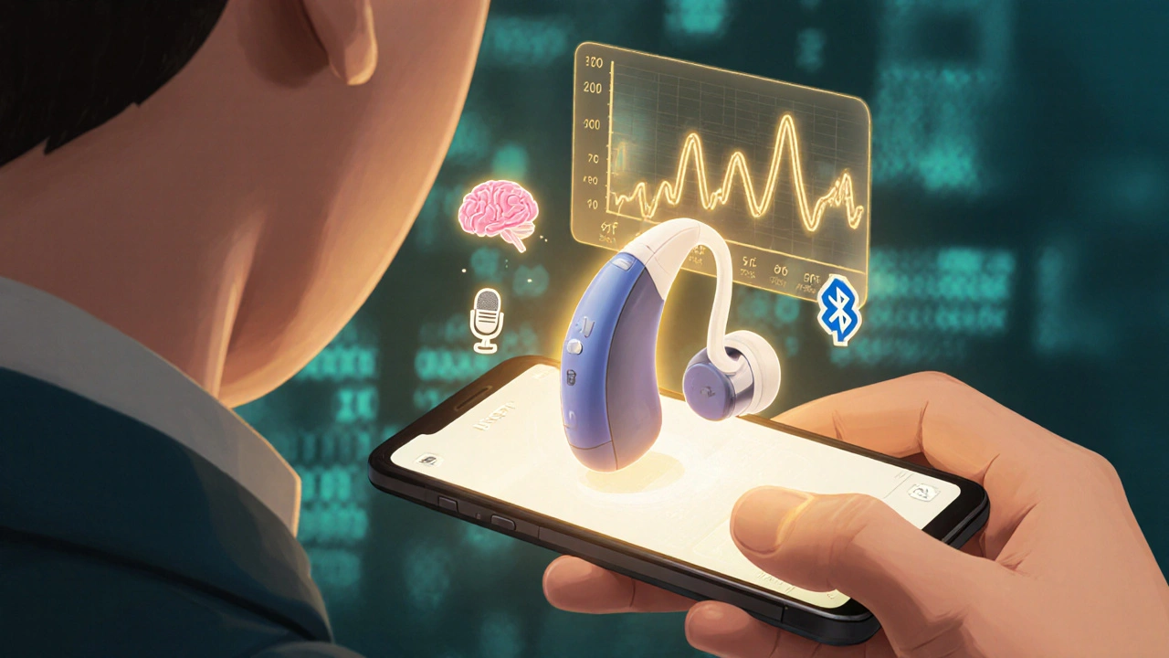 Person using a smartphone app to fit a hearing aid, with floating digital audiogram and AI icons nearby.