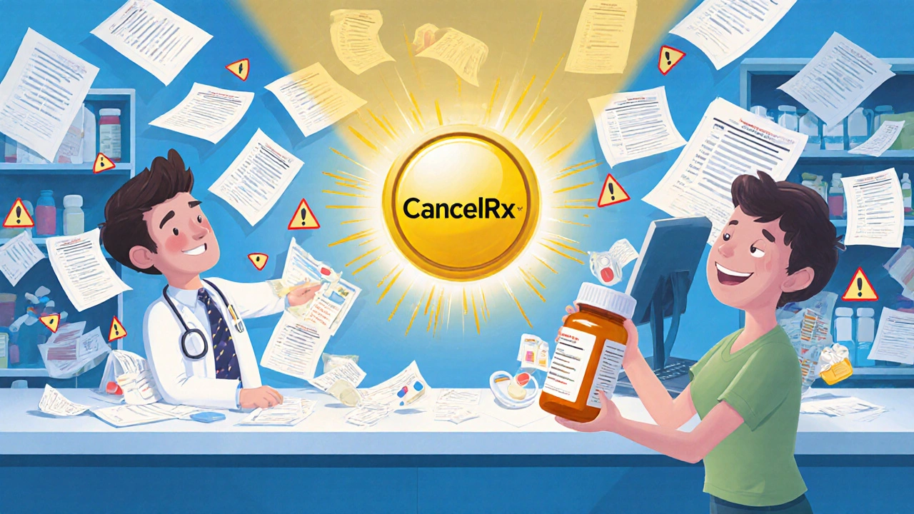 Pharmacist uses a CancelRx button to erase duplicate prescriptions, with one correct pill bottle glowing amid chaotic alerts.