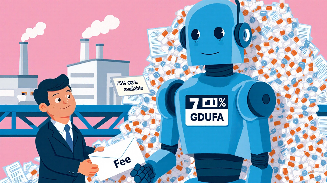 Small business owner giving fee to friendly FDA robot beside pill bridge