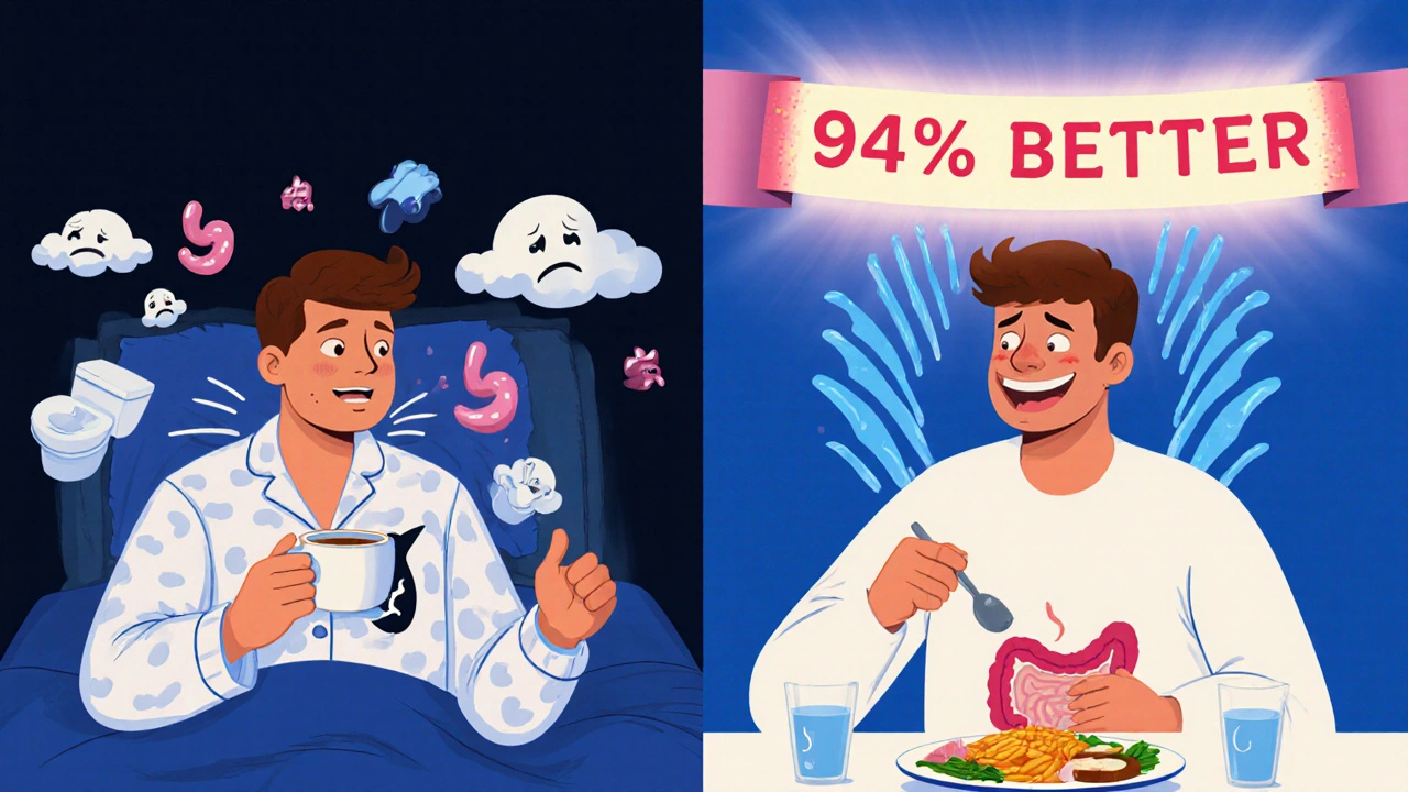 Split scene: person with diarrhea on left, healthy and smiling on right after proper dosing.