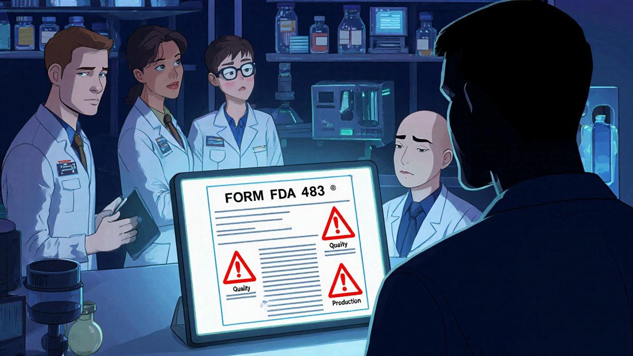 Team reviewing FDA 483 observations with warning icons for quality systems