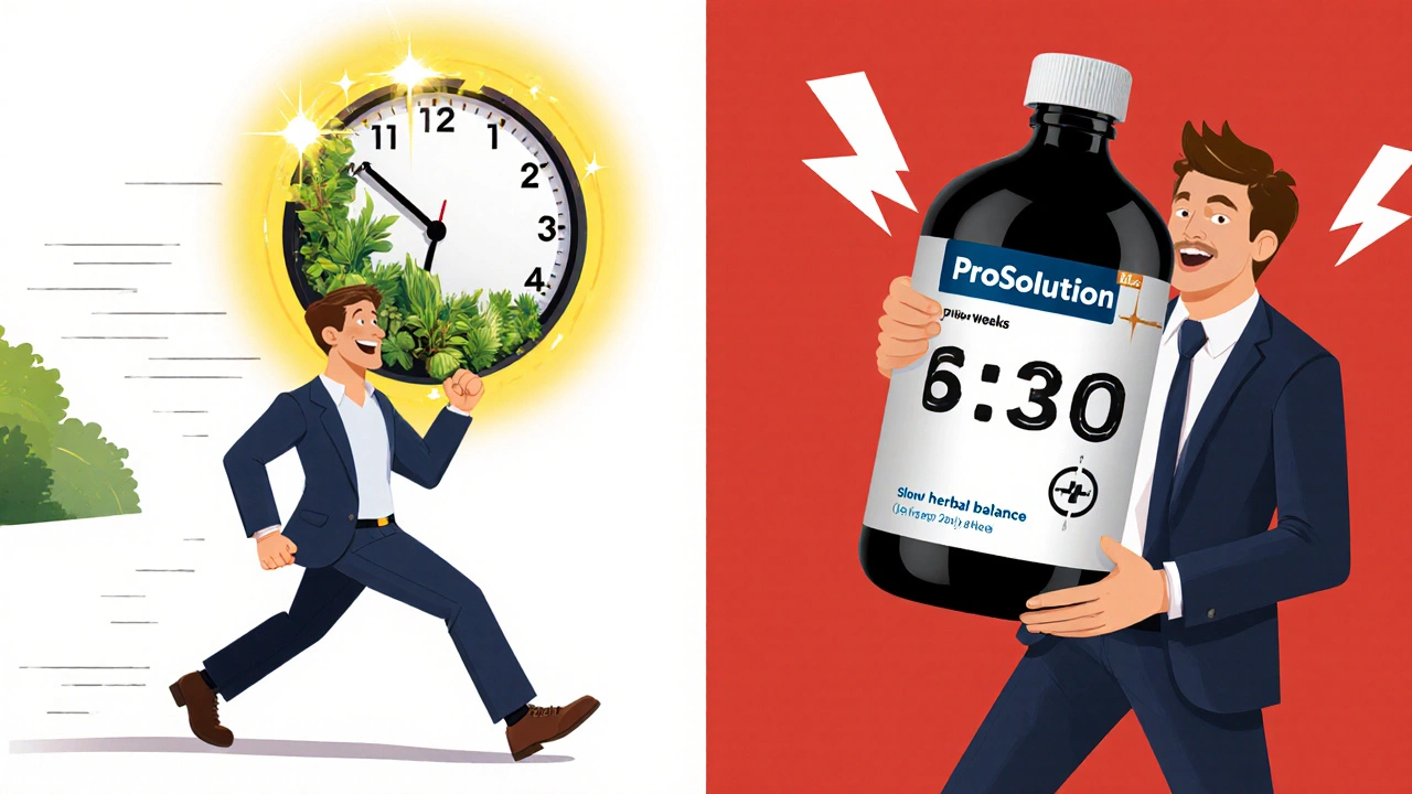 Two men on different paths—one slow and herbal, one fast and clinical—both reaching confidence.