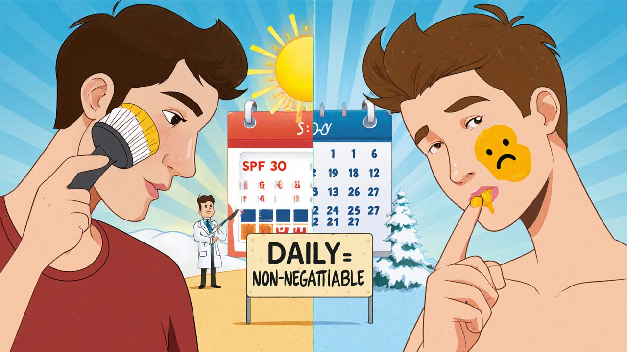 Two people applying sunscreen differently—one correctly, one poorly—with SPF values visibly changing above their heads.