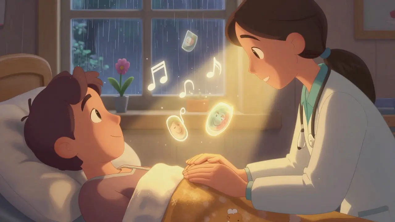 A caregiver holding a bedridden person’s hand as glowing memories float around them, symbolizing emotional connection.