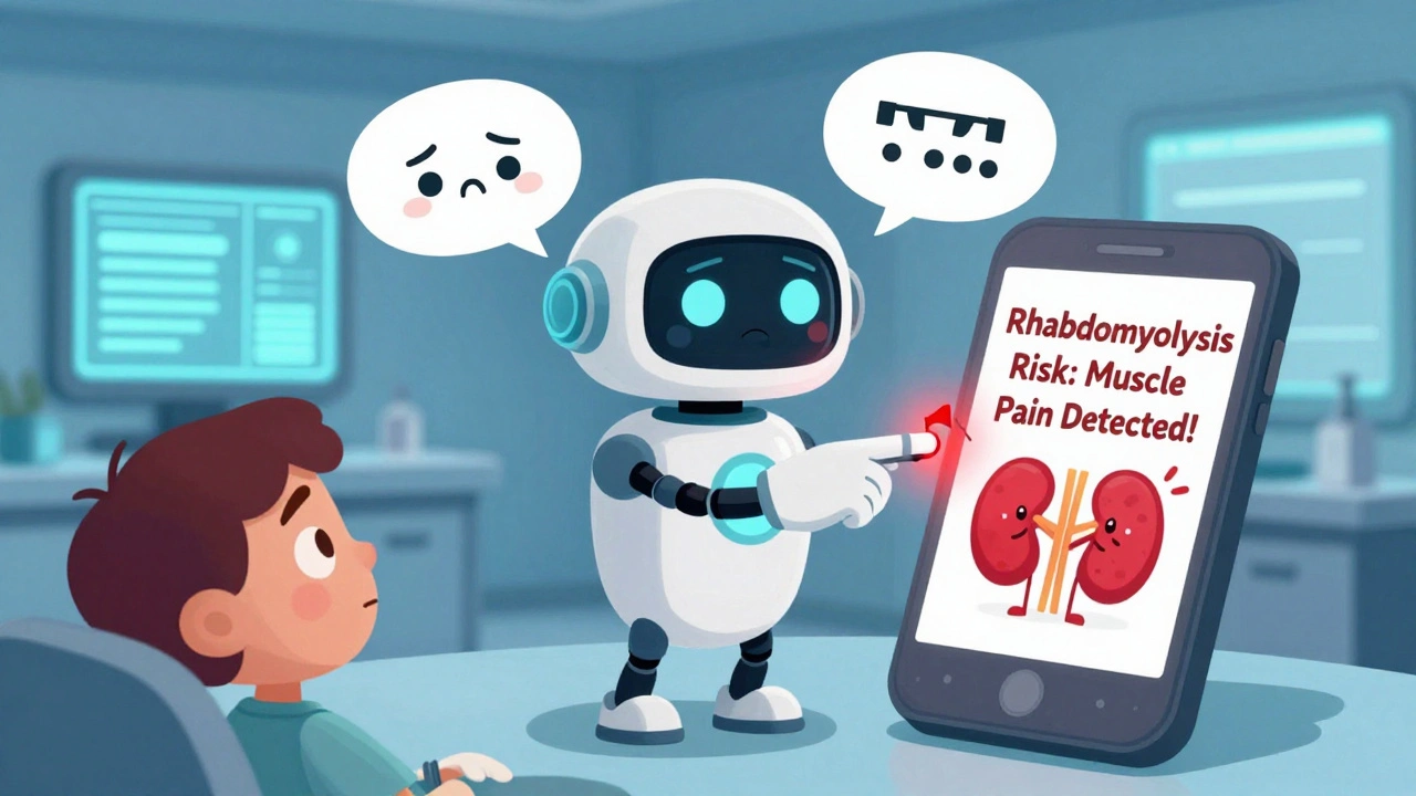 A cartoon AI assistant warns a patient about a dangerous drug side effect using glowing alerts on a phone.