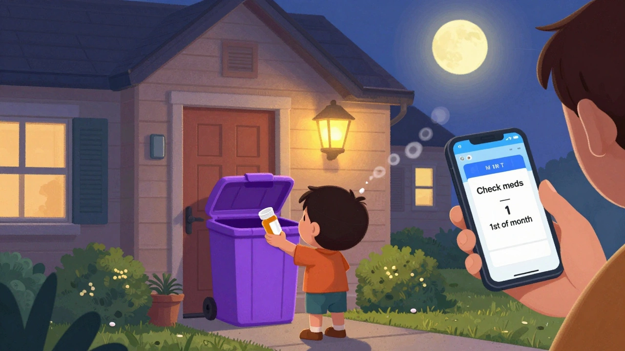 A child drops expired medicine into a purple pharmacy disposal bin under a glowing moon.