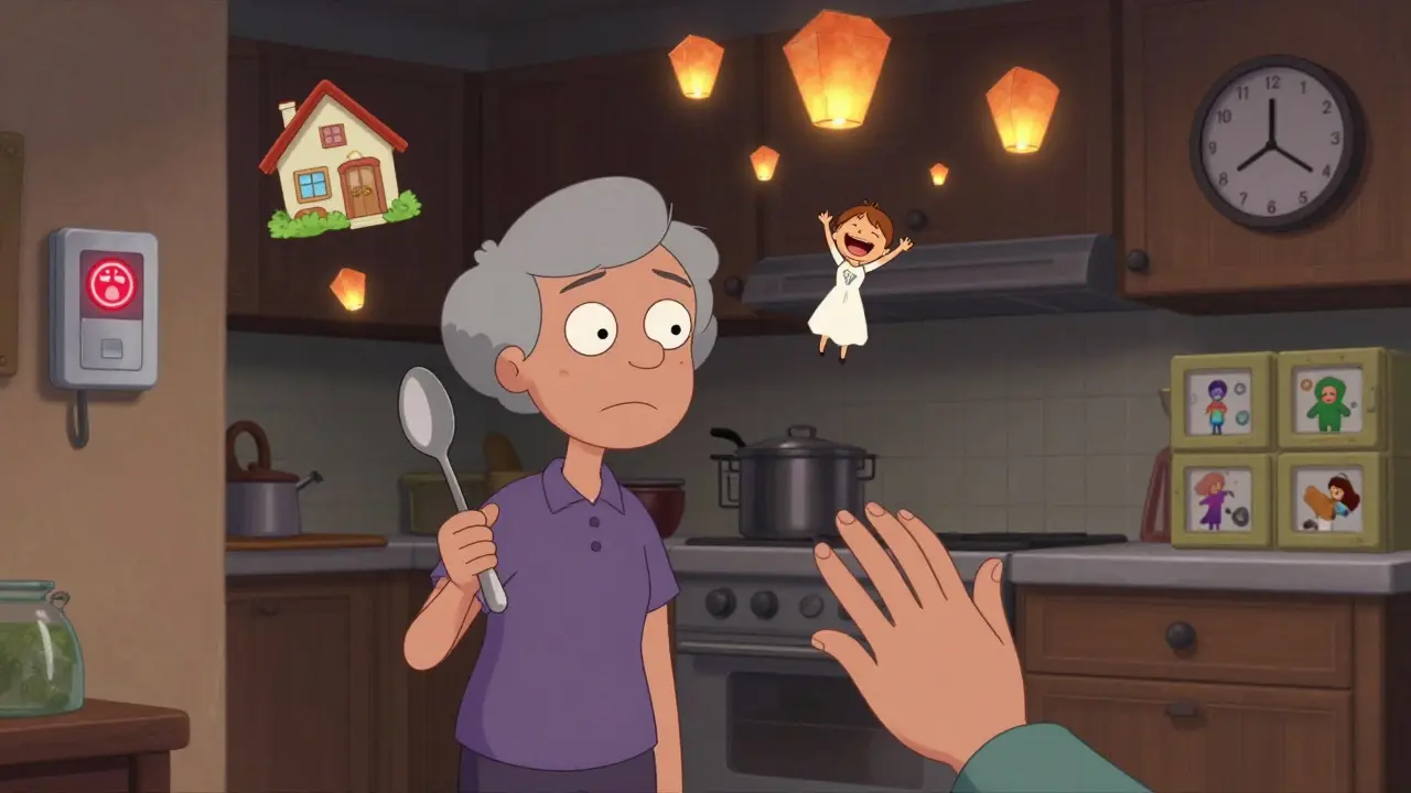 A confused person in a kitchen as memories fade away, surrounded by safety symbols like door alarms and labeled drawers.