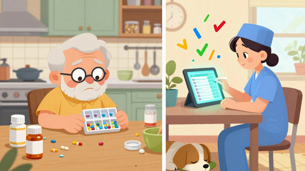 A confused senior with scattered pills contrasts with a clean space where a nurse updates a digital medication chart with colorful icons.