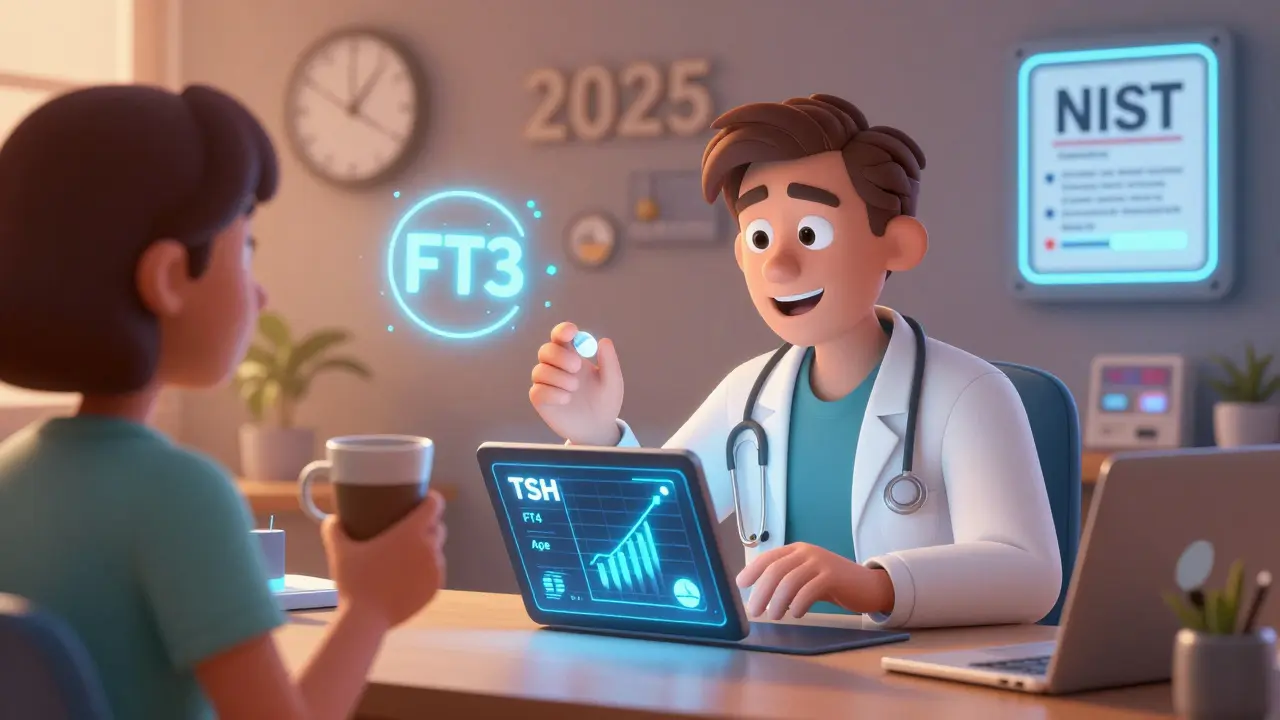 A doctor using an AI tablet to analyze thyroid data while a patient holds coffee and calcium pills.