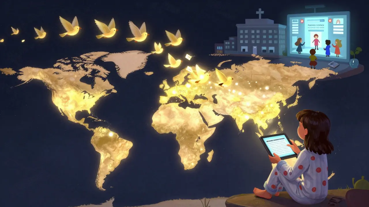 A global map with glowing reports transforming into birds, symbolizing shared medication safety efforts worldwide.