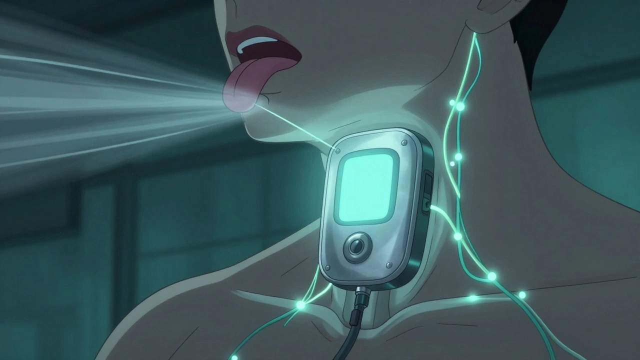 A glowing implant gently moves the tongue forward to keep the airway open, with delicate nerve wires glowing softly.