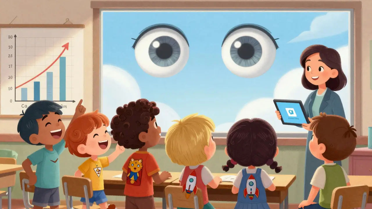 A group of children laugh together wearing decorated patches, with a progress chart and AmblyoPlay app visible.