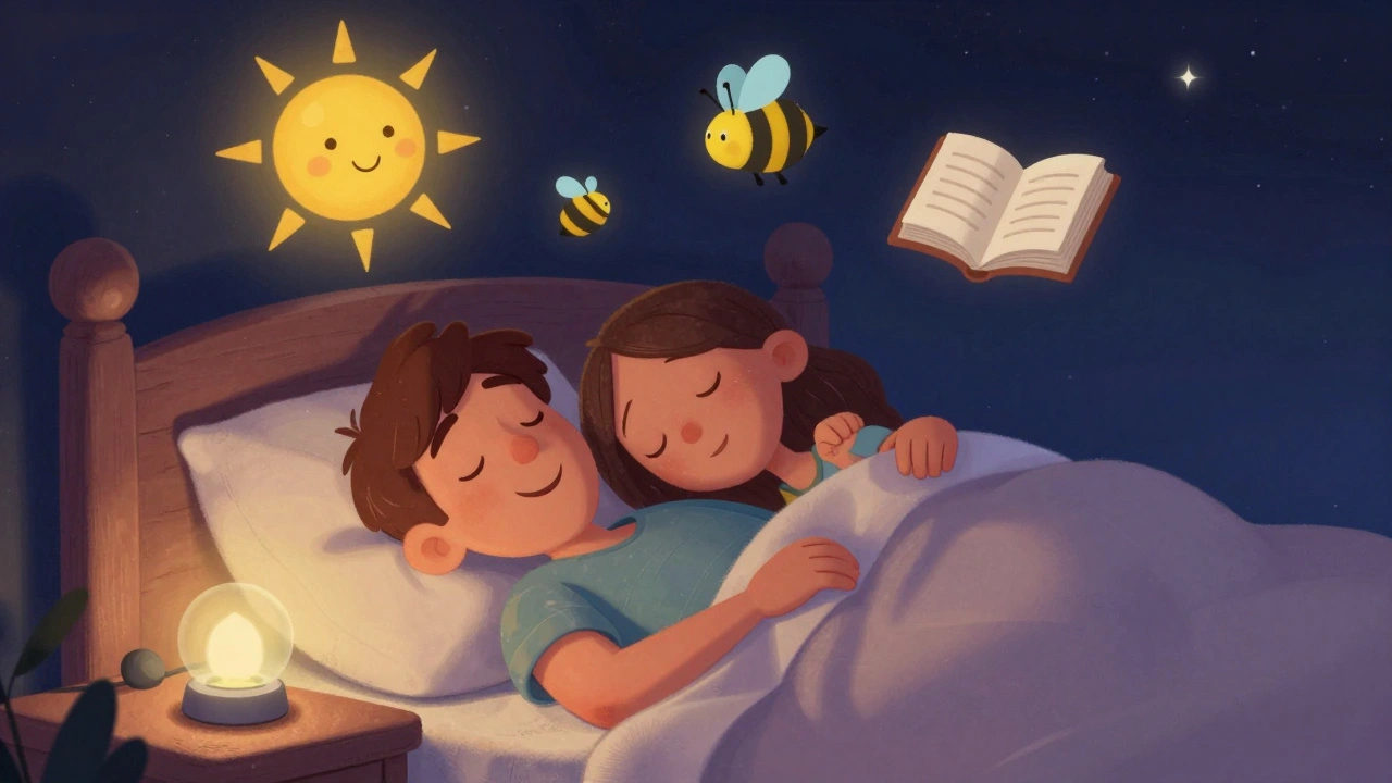 A happy couple sleeps peacefully together, with symbols of restored energy drifting above them in a warm, magical sky.