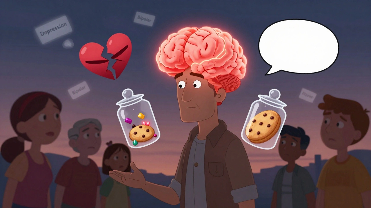 A man with a glowing frontal lobe surrounded by emotional symbols, showing frontotemporal dementia symptoms.