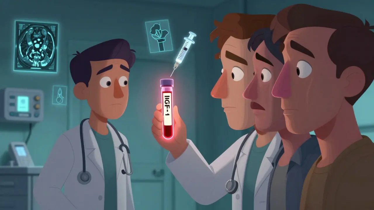 A medical scene with a glowing blood test and a face morphing between normal and acromegaly features.