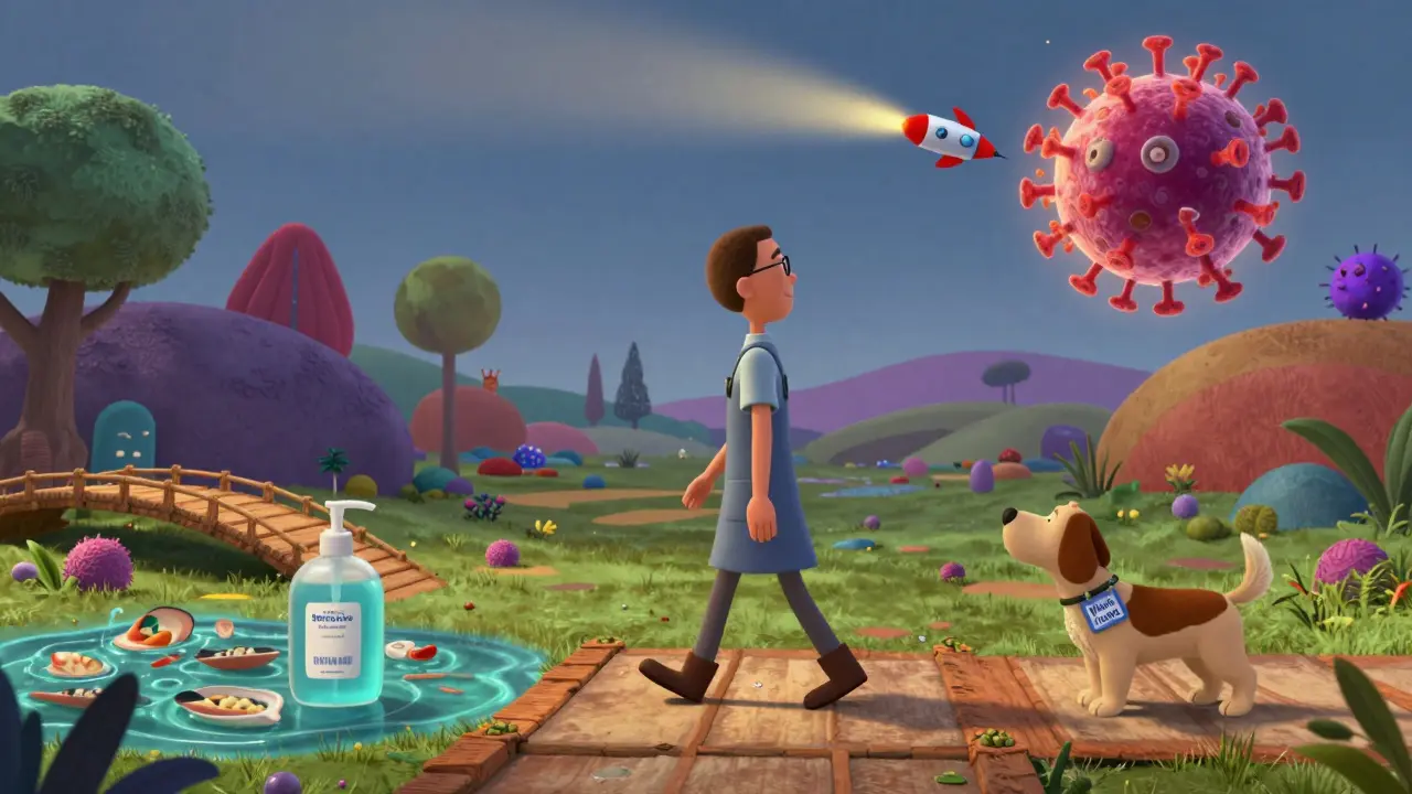 A patient navigating a whimsical daily life landscape filled with safety symbols and defeated germs.