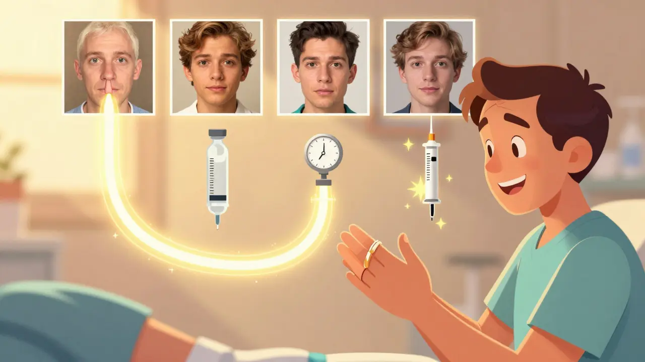 A patient smiling as a ring fits again, with glowing treatment paths and AI-analyzed photos in the background.