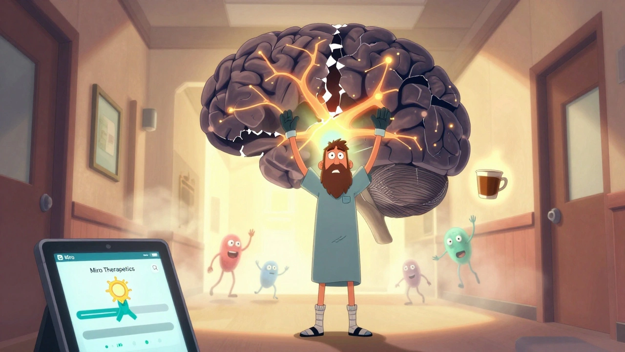 A patient wearing socks and gloves, standing in sunlight as their brain reweaves itself, symbolizing recovery from CRPS.