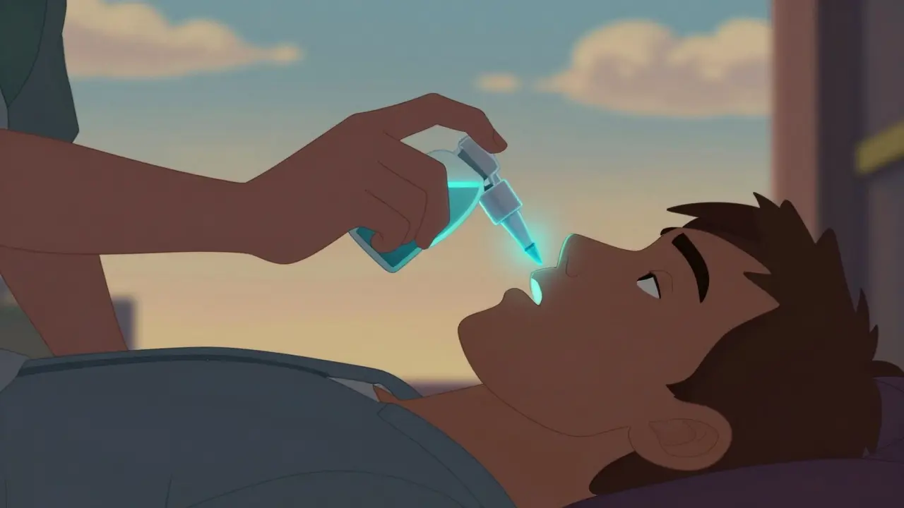 A person giving naloxone nasal spray to someone who has overdosed, with visible chest rise from rescue breathing.