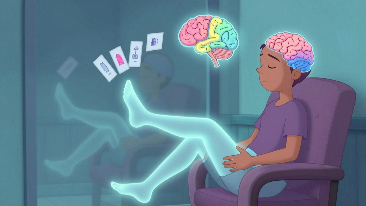 A person meditating with a mirrored limb and brain map transforming from blurry to clear, representing graded motor imagery therapy.