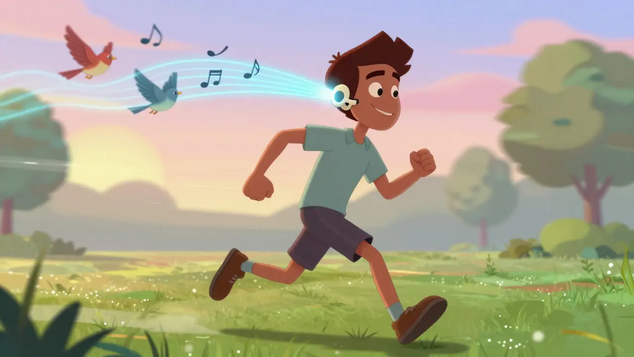 A person running outdoors with a bone-anchored device sending vibrations through their skull, musical notes floating from behind them.
