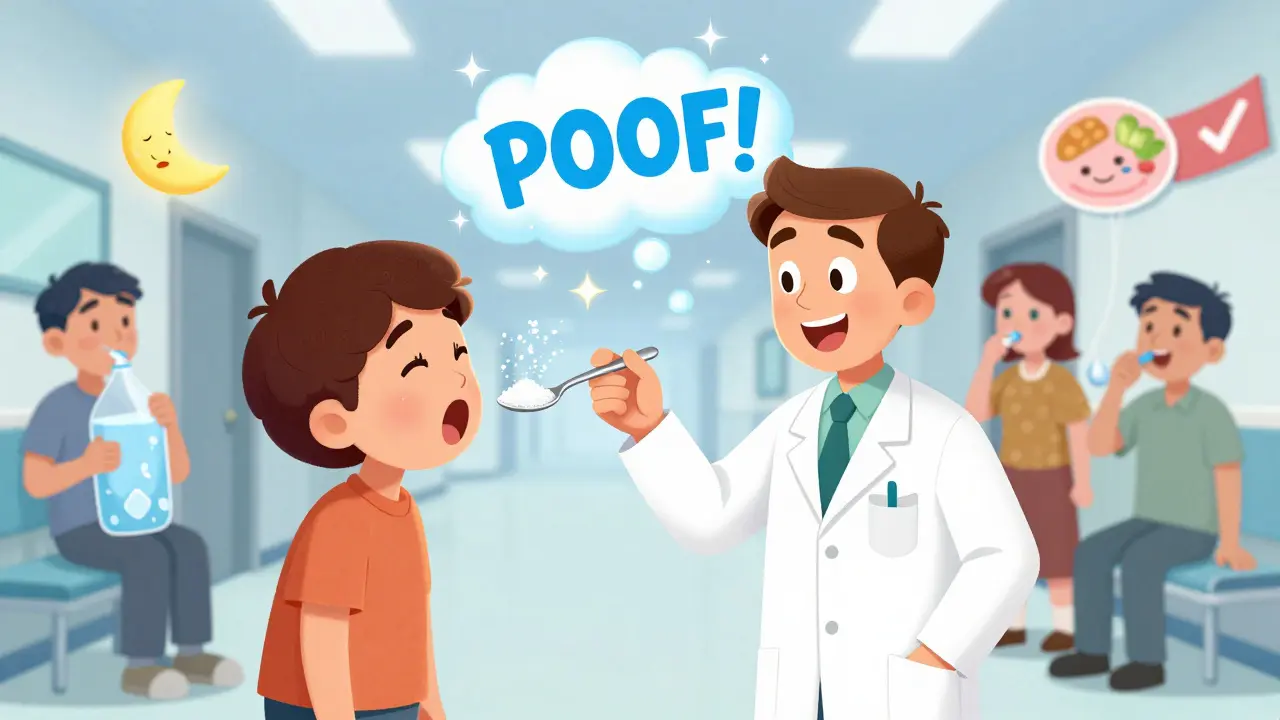 A pharmacist gives sugar to a patient who stops hiccuping with a sparkly 'POOF!' effect.