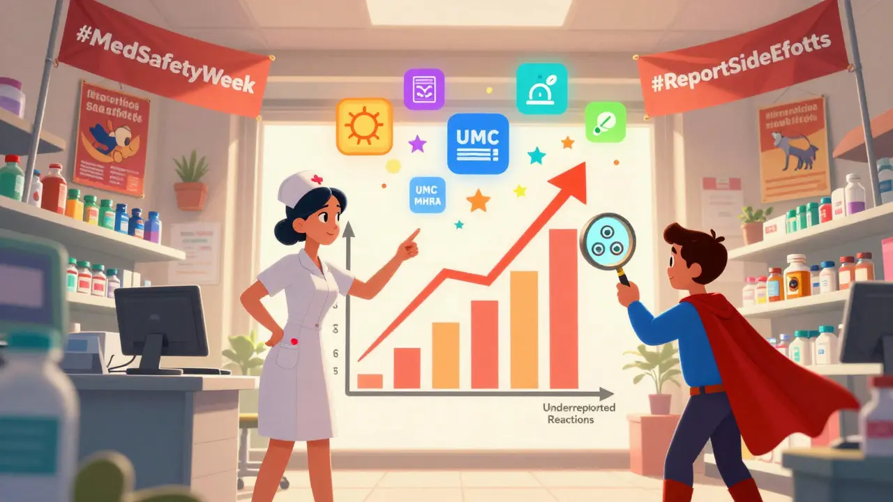 A pharmacy with animated safety posters and a patient using a magnifying glass to reveal hidden drug risks.